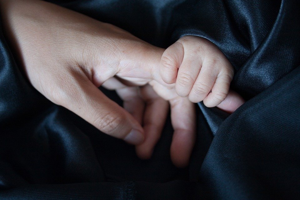 Bébé tenant le doigt du père dans ses bras ll Source : Pixabay