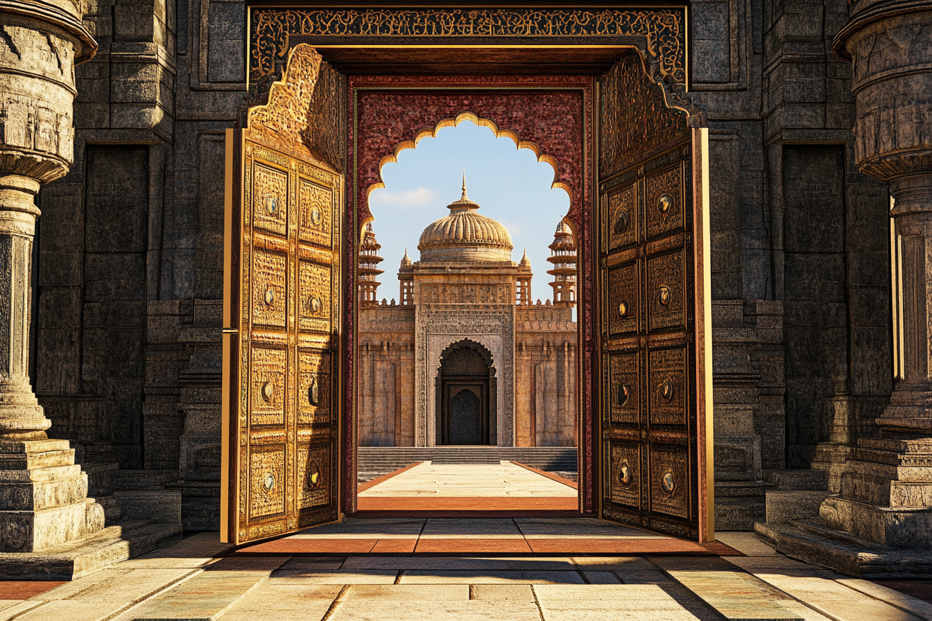 Un palais de l'Inde ancienne avec des portes ouvertes | Source : Midjourney