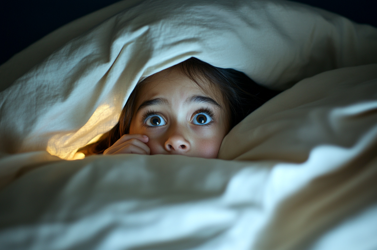 Une fille qui se cache sous les couvertures de son lit | Source : Midjourney