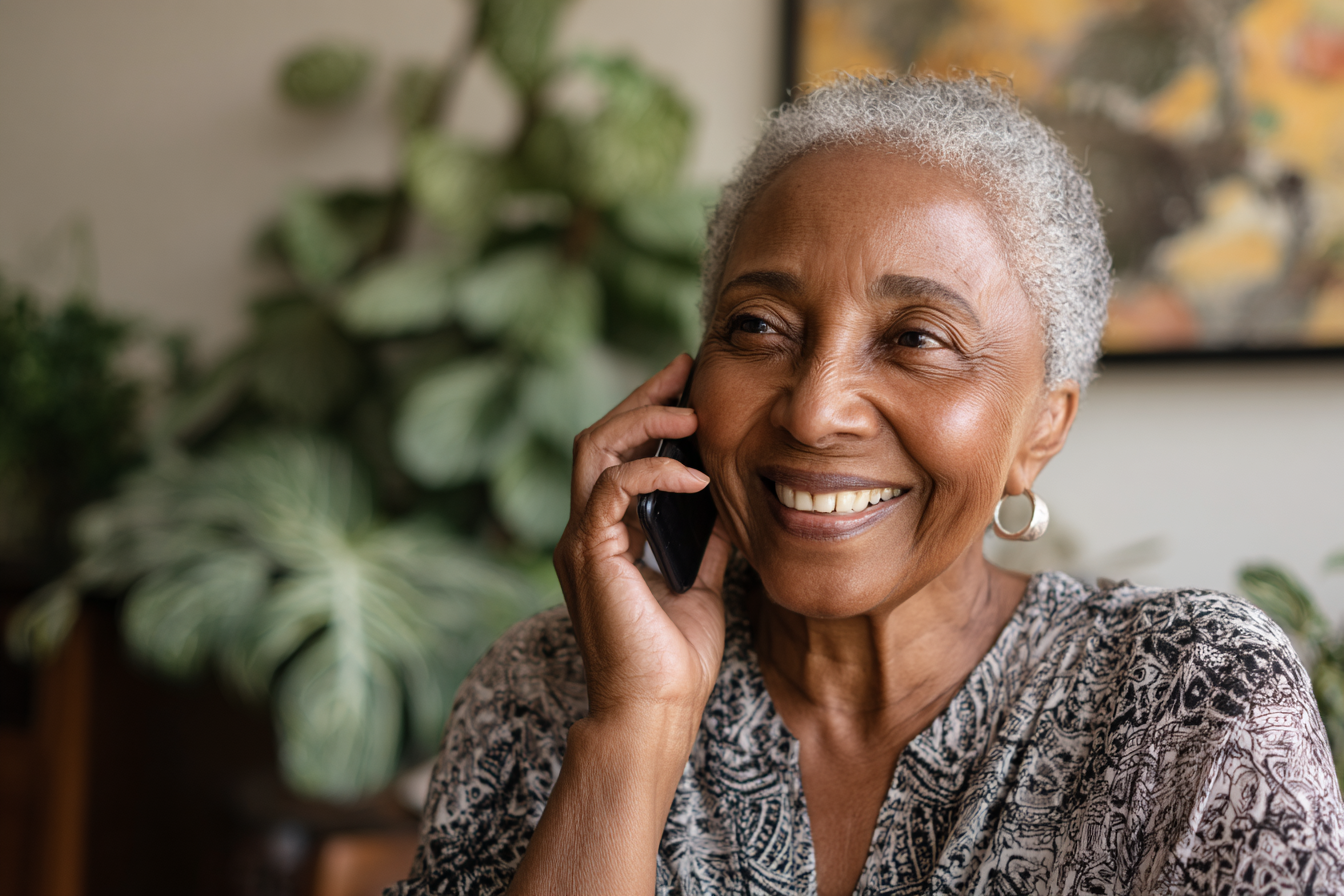 Une femme qui sourit tout en parlant sur son téléphone portable | Source : Midjourney