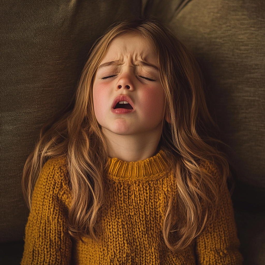 Une petite fille bouleversée assise sur un canapé | Source : Midjourney
