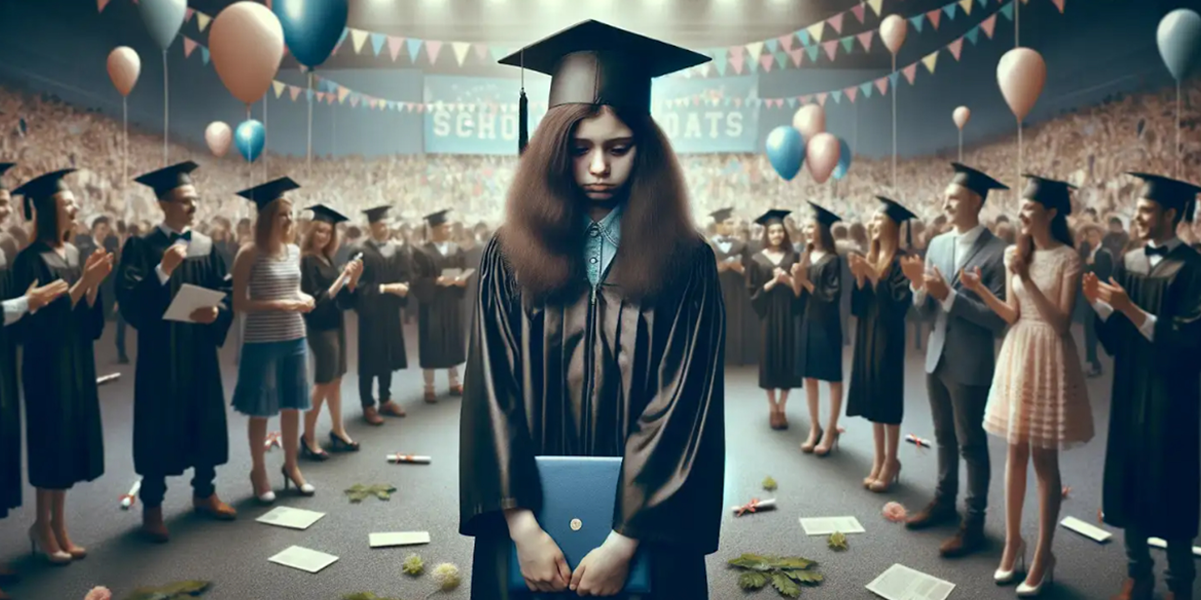 Une jeune femme se sentant triste le jour de sa remise de diplôme avec des gens qui l'acclament en arrière-plan | Source : Amomama