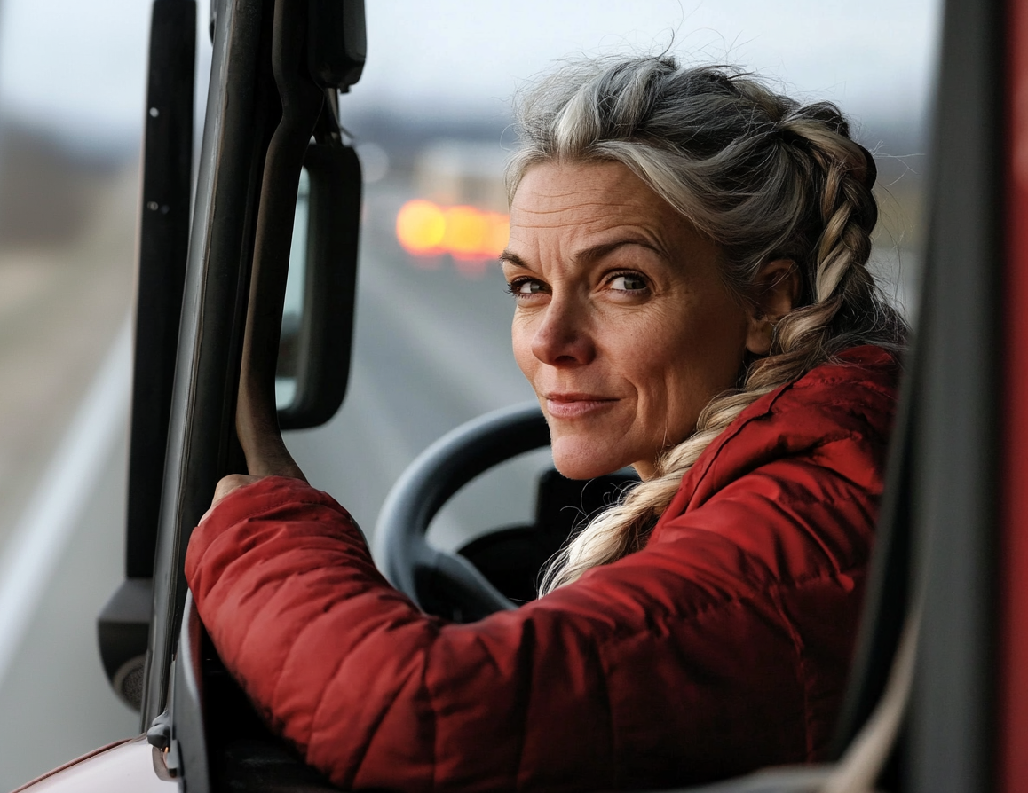 Une femme au volant d'un camion s'arrête sur le bord de la route et se penche par la fenêtre | Source : Midjourney