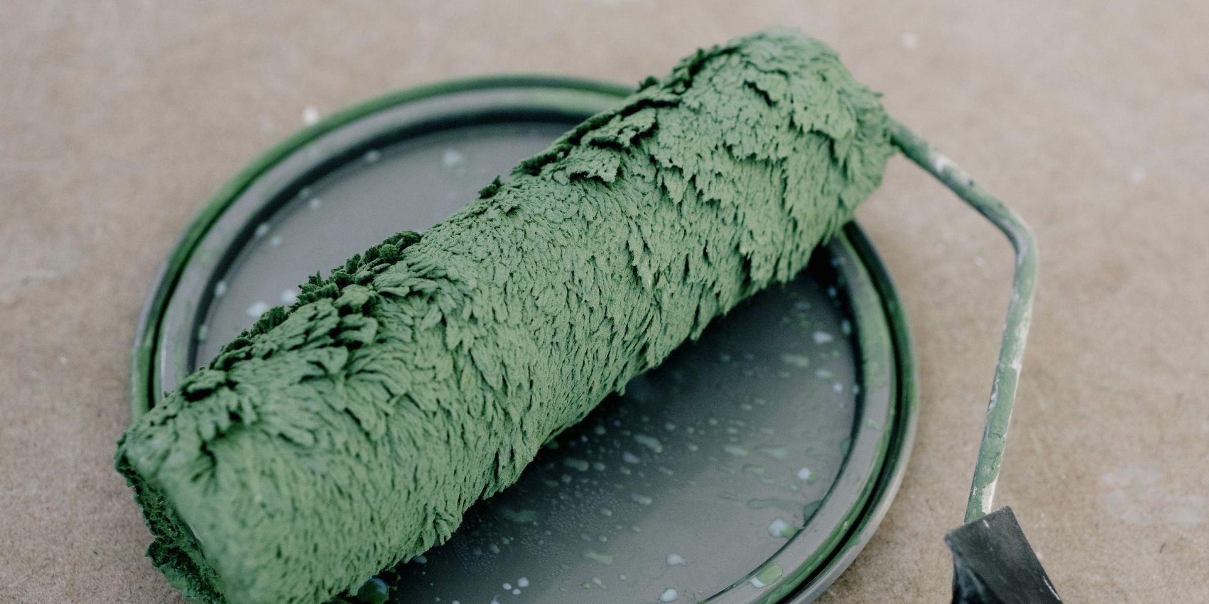 Gros plan sur un rouleau à peinture vert texturé posé dans un bac | Source : Pexels