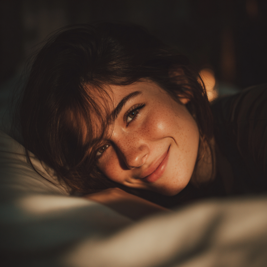 Une jeune femme dans son lit, souriante | Source : Midjourney