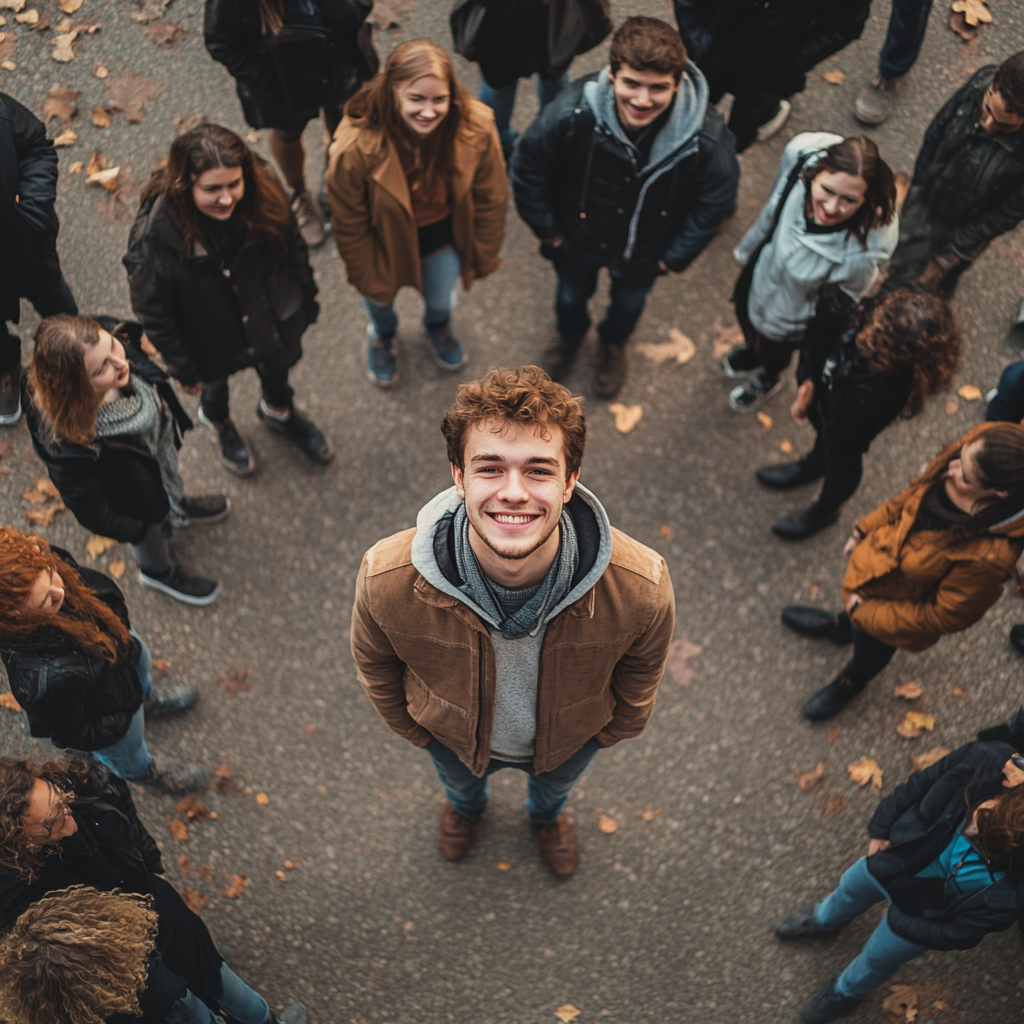 Un jeune homme souriant au milieu d'un cercle de personnes | Source: Midjourney