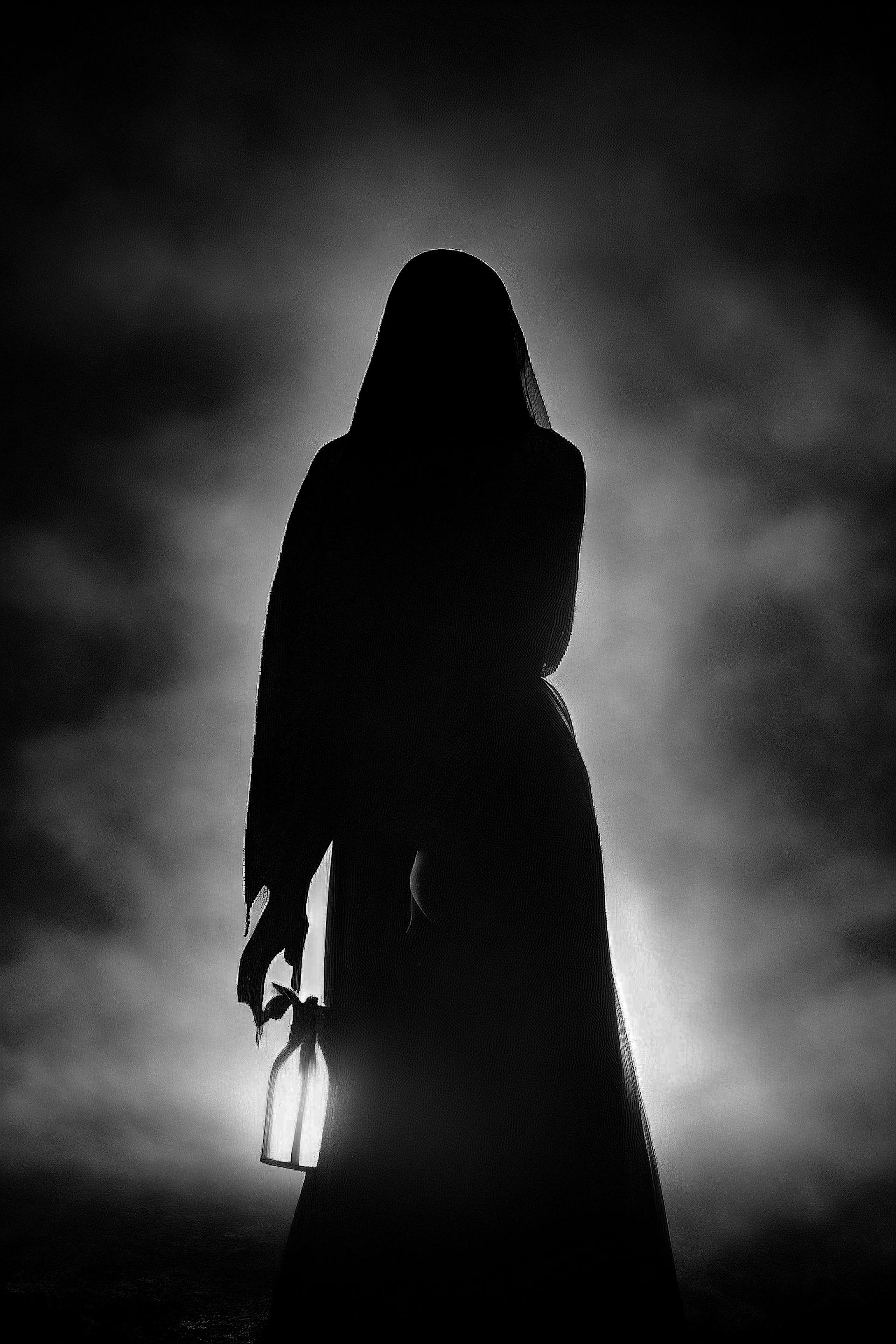 Silhouette en noir et blanc d'une femme mystérieuse tenant une lanterne | Source : Pexels