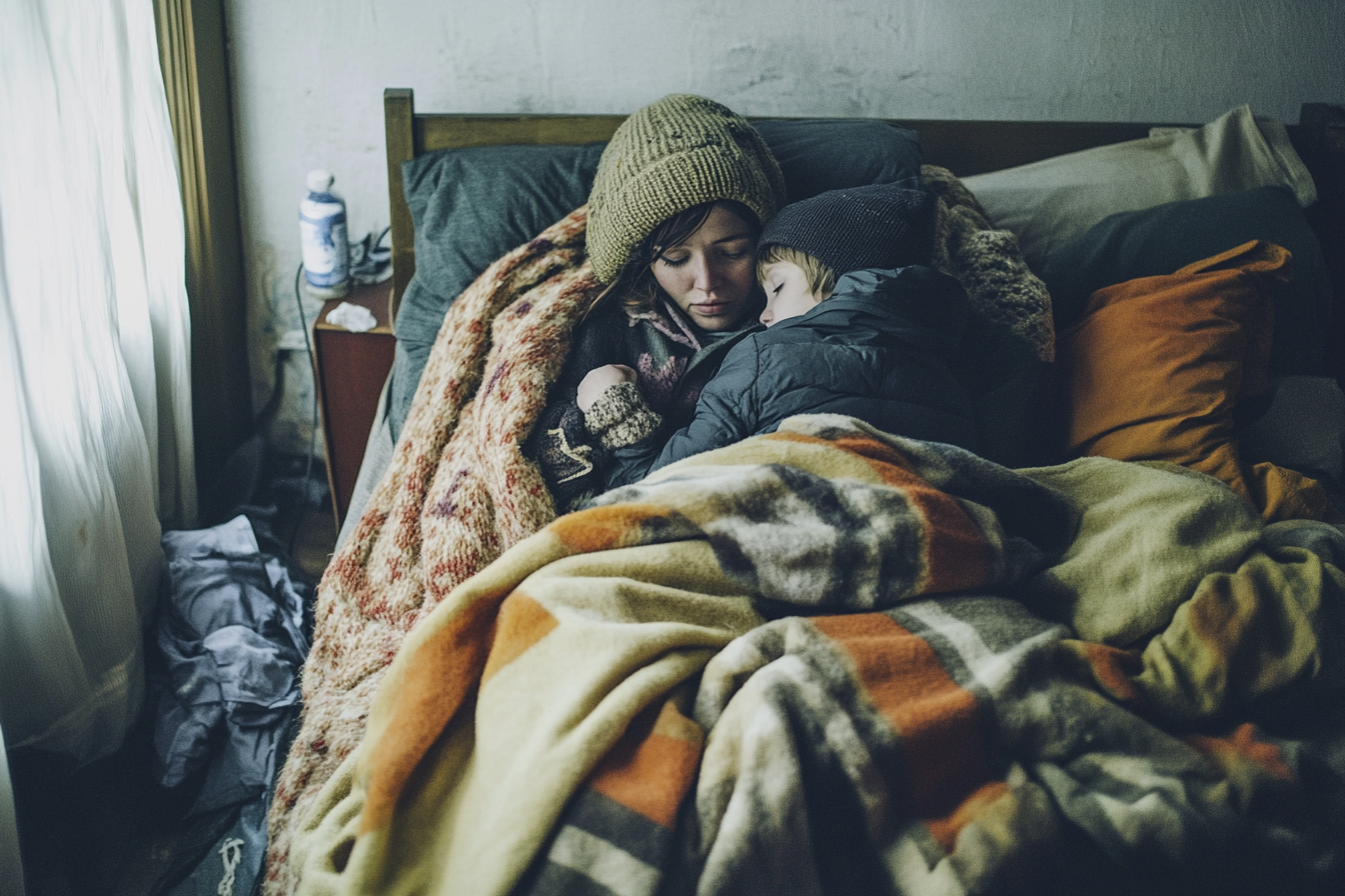 Une femme et son fils se blottissent l'un contre l'autre dans le froid | Source : Midjourney