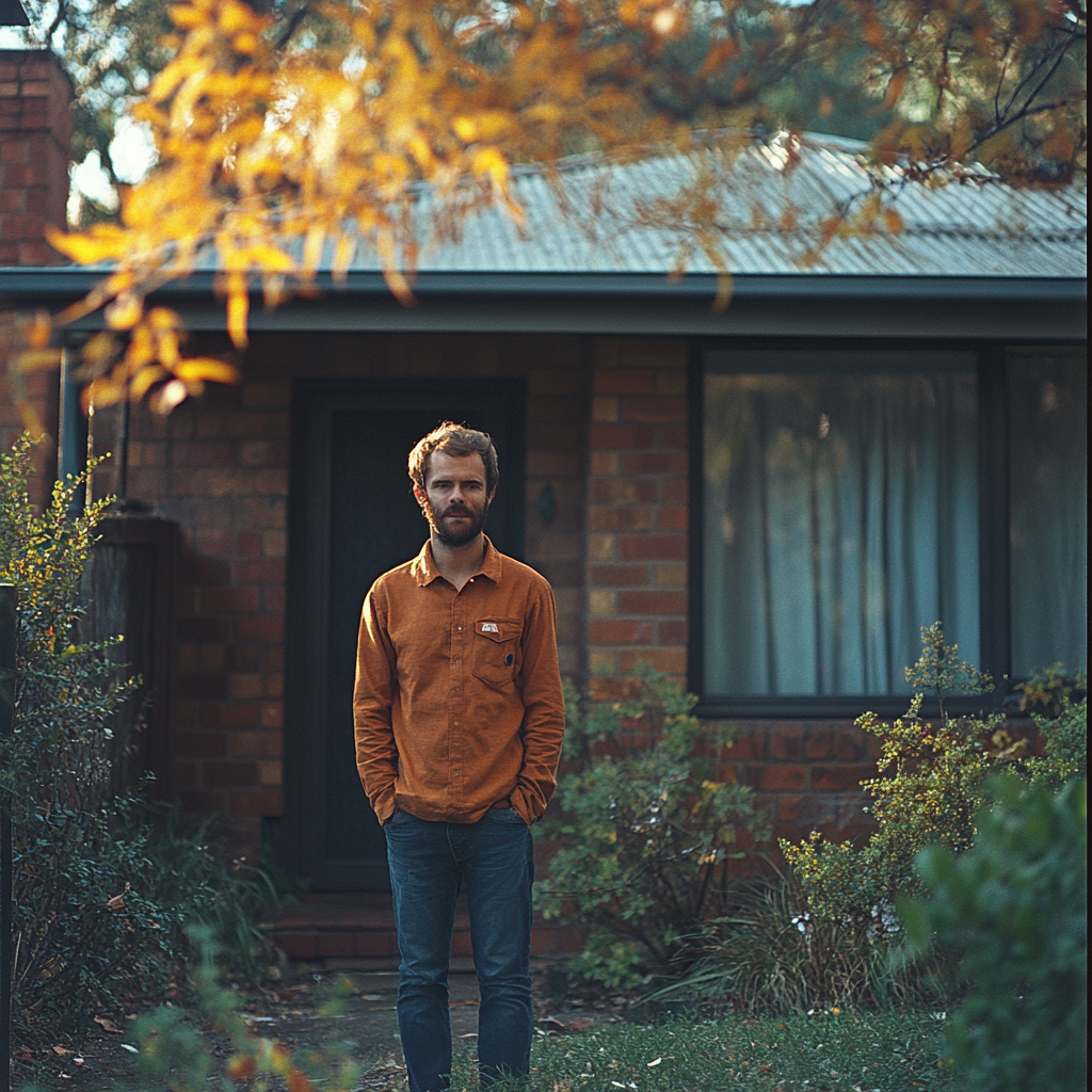 Un homme debout devant sa maison | Source : Midjourney