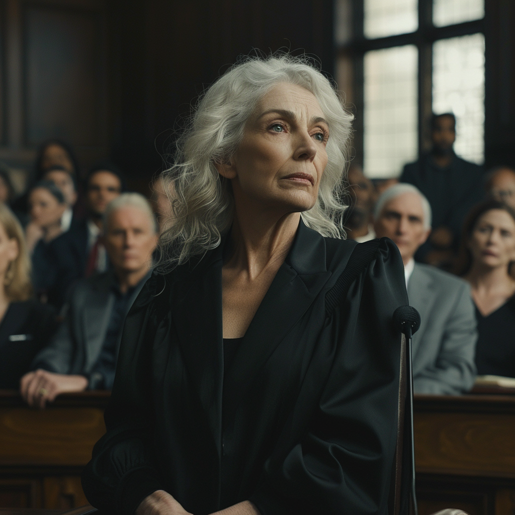 Femme âgée parlant dans une salle d'audience | Source : Midjourney