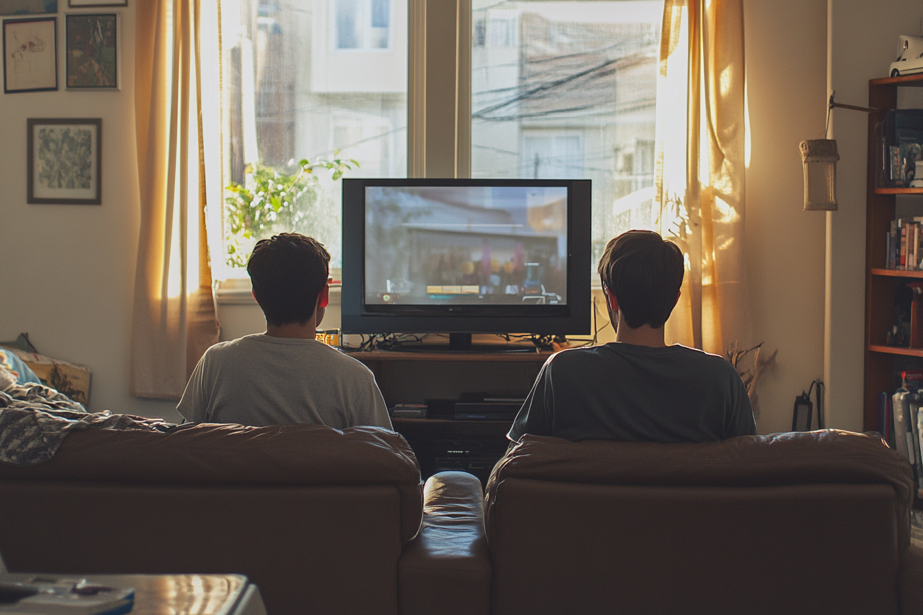 Deux frères assis dans un salon | Source : Midjourney