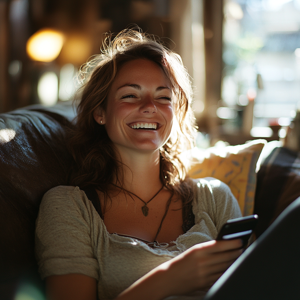 Une femme qui rit en parlant au téléphone | Source : Midjourney