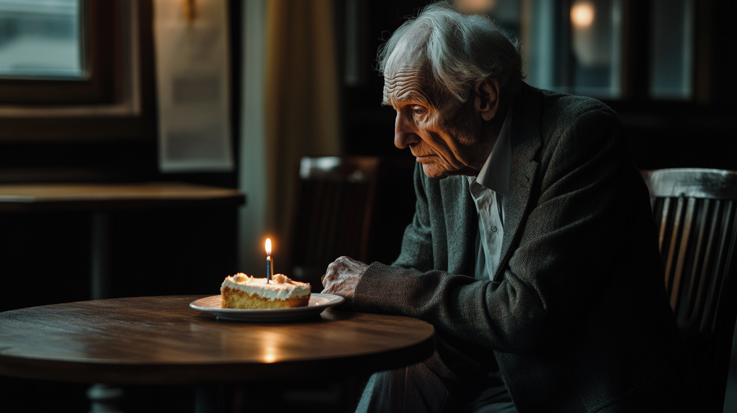 Un homme âgé assis seul avec un gâteau d'anniversaire | Source : Midjourney