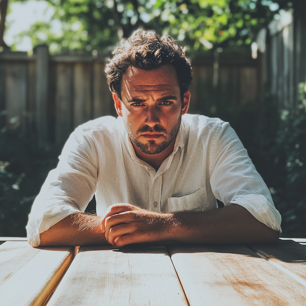 Un homme bouleversé assis à une table | Source : Midjourney