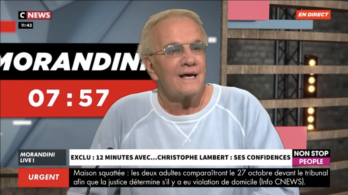L'acteur Christophe Lambert sur le plateau de Morandini Live avec Jean-Marc Morandini, sur CNews | Photo : CNews / Morandini Live