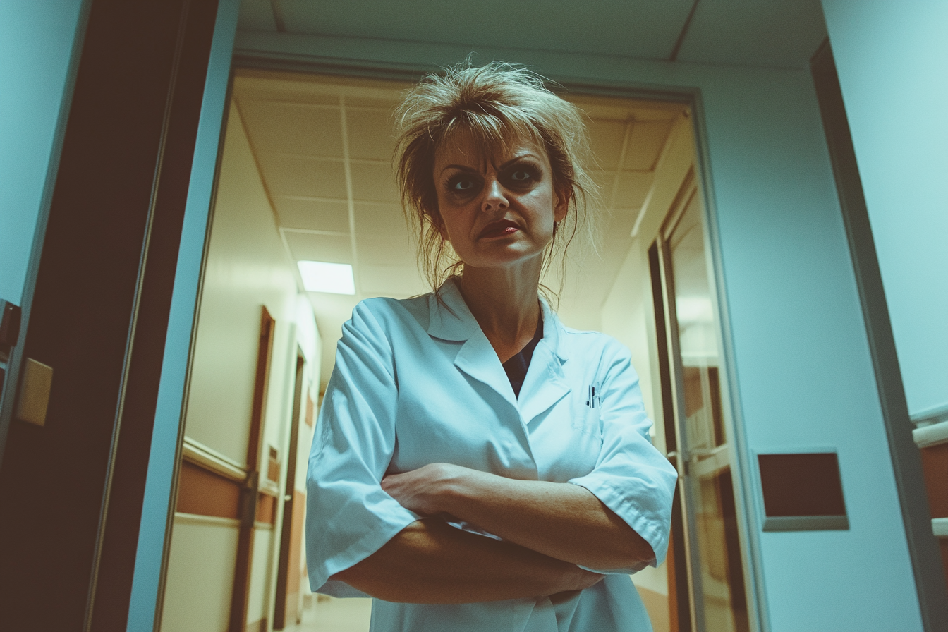 Une femme à l'air méchant qui se tient dans l'embrasure d'une porte d'hôpital | Source : Midjourney