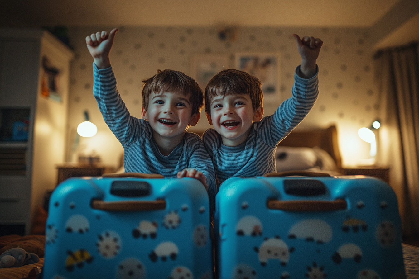 Deux garçons de 7 ans en pyjama applaudissent les mains en l'air dans une chambre où se trouve une valise bleue | Source : Midjourney