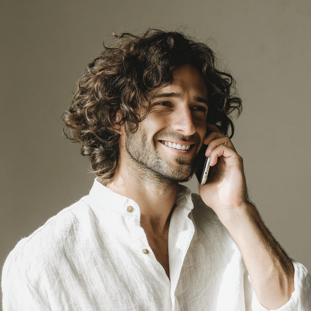 Un homme souriant qui parle au téléphone | Source : Midjourney