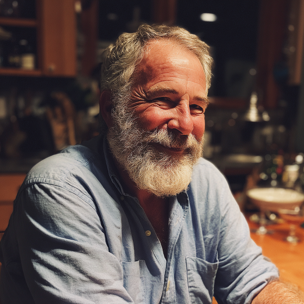 Un homme souriant assis à une table | Source : Midjourney