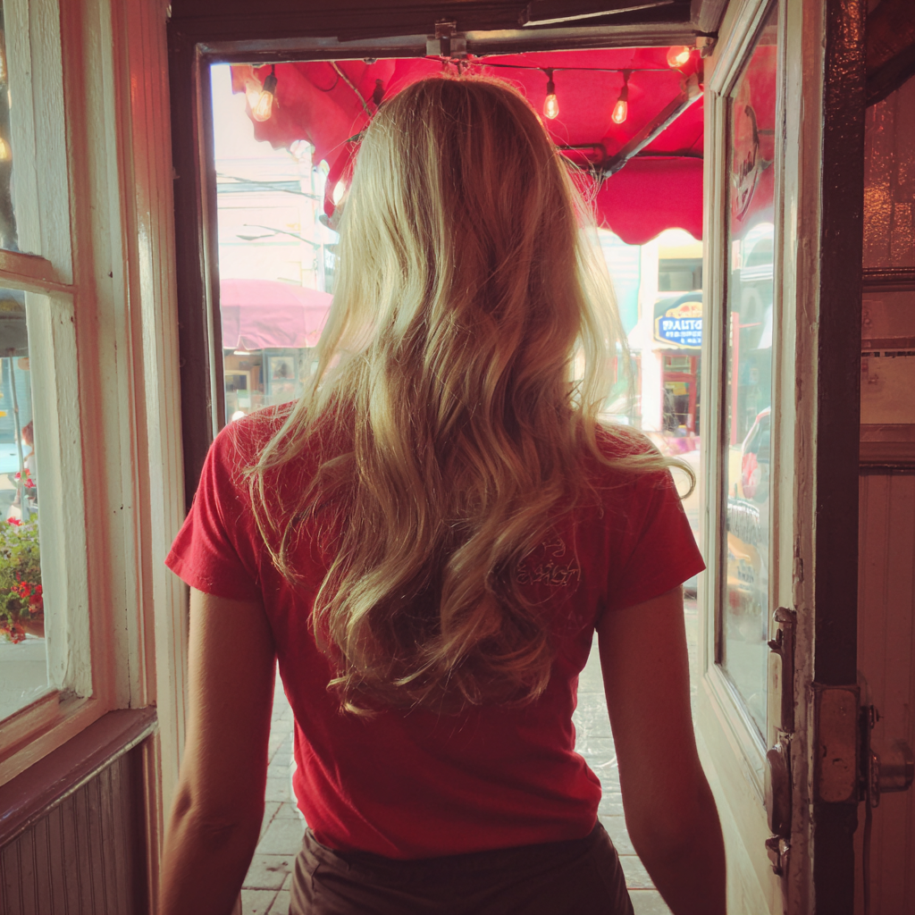 Une femme sortant d'un salon de crème glacée | Source : Midjourney