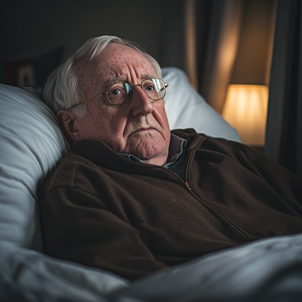 Un homme âgé malade a l'air pensif et triste alors qu'il est allongé dans son lit | Source : Midjourney