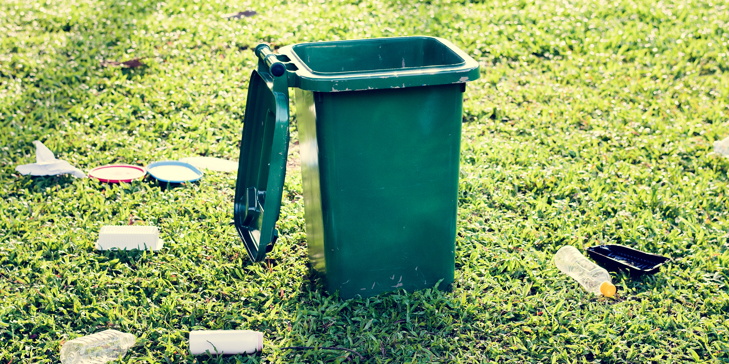 Une poubelle et des déchets sur une pelouse | Source : Shutterstock