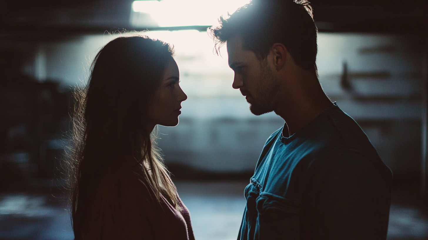 Une femme face à un homme dans un garage | Source : Midjourney