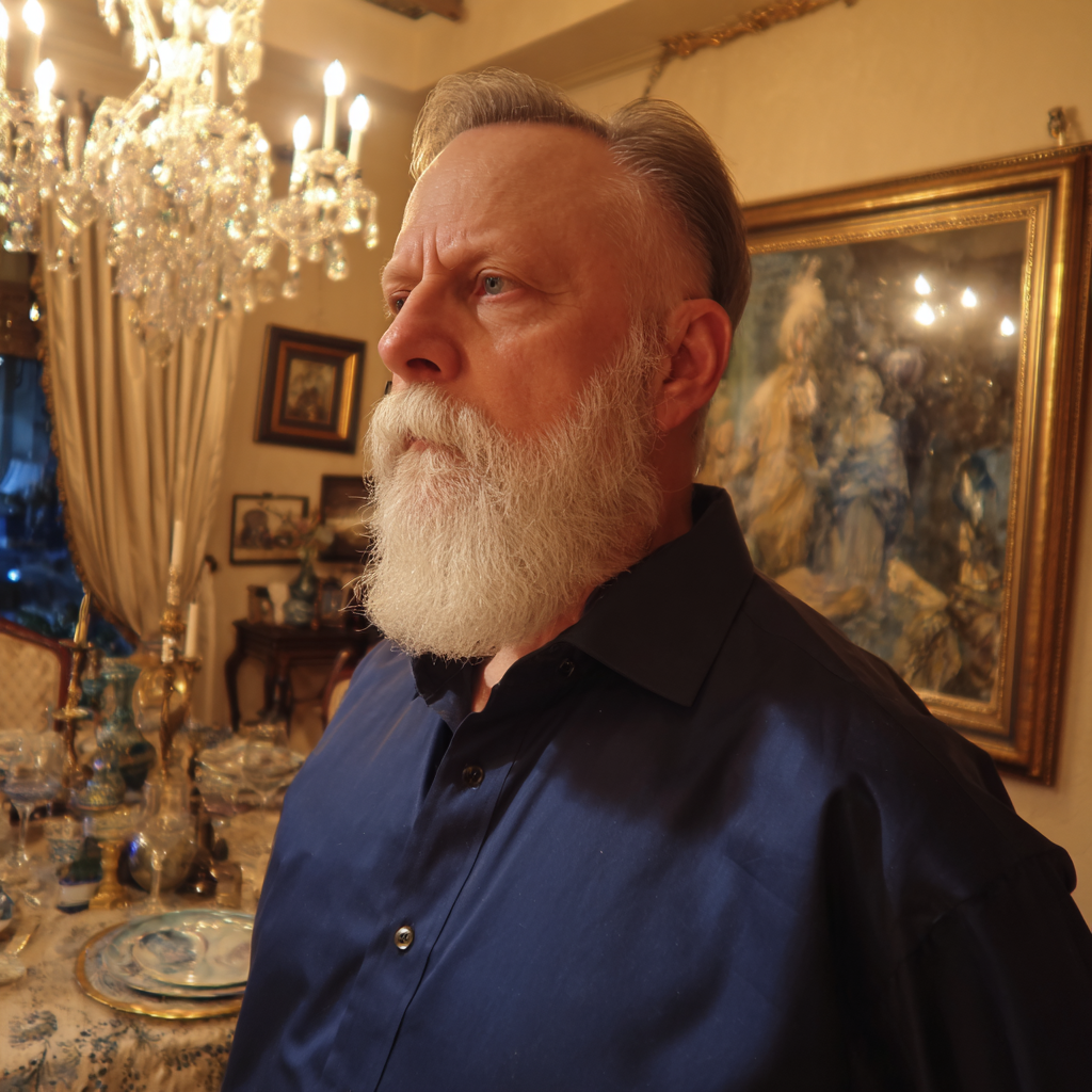 Un homme âgé bouleversé debout dans un salon | Source : Midjourney