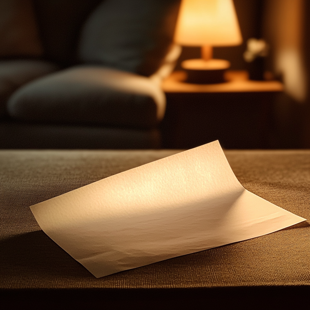 Une feuille de papier pliée sur une table basse | Source : Midjourney