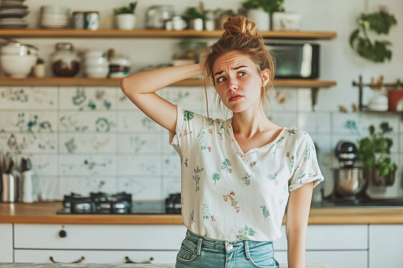 A woman in a kitchen looking worried and confused | Source: Midjourney