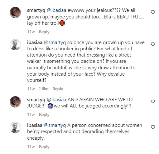 Commentaire et réponses d'un fan sur le post Instagram d'Ella Bleu Travolta du 15 septembre 2022 | Source : Instagram/ella.bleu