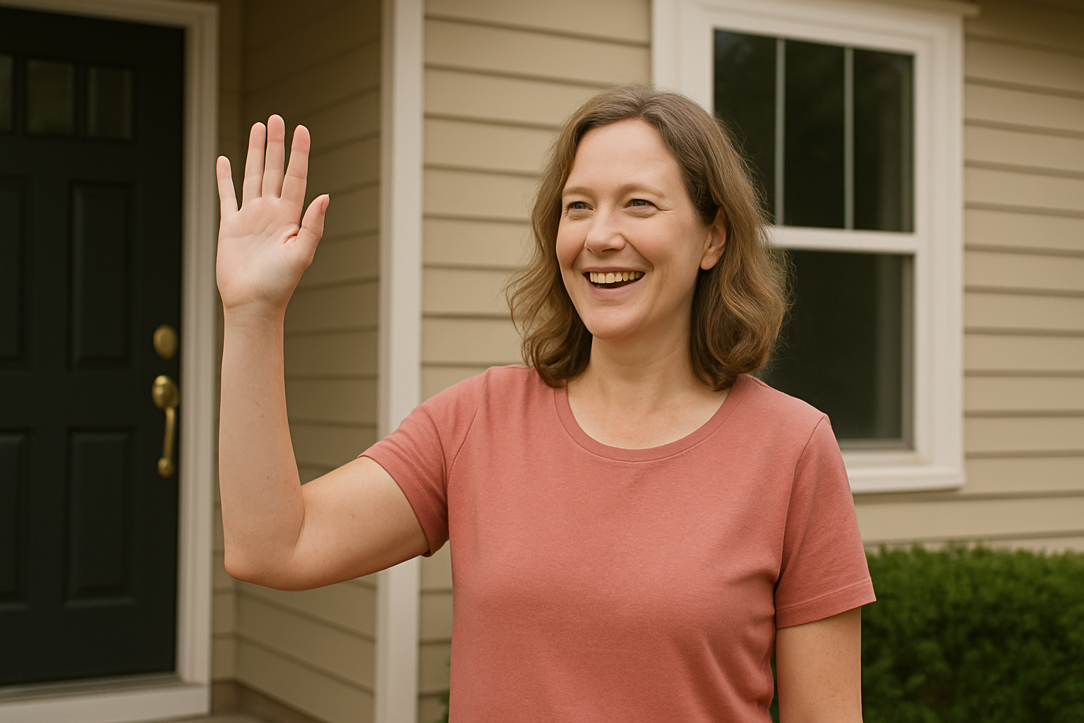 Une femme fait un signe de la main près d'une maison | Source : Sora