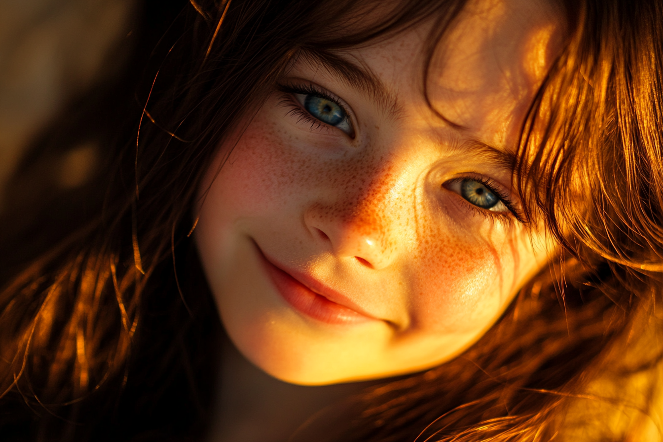 Young teenage girl with blue eyes smiling | Source: Midjourney