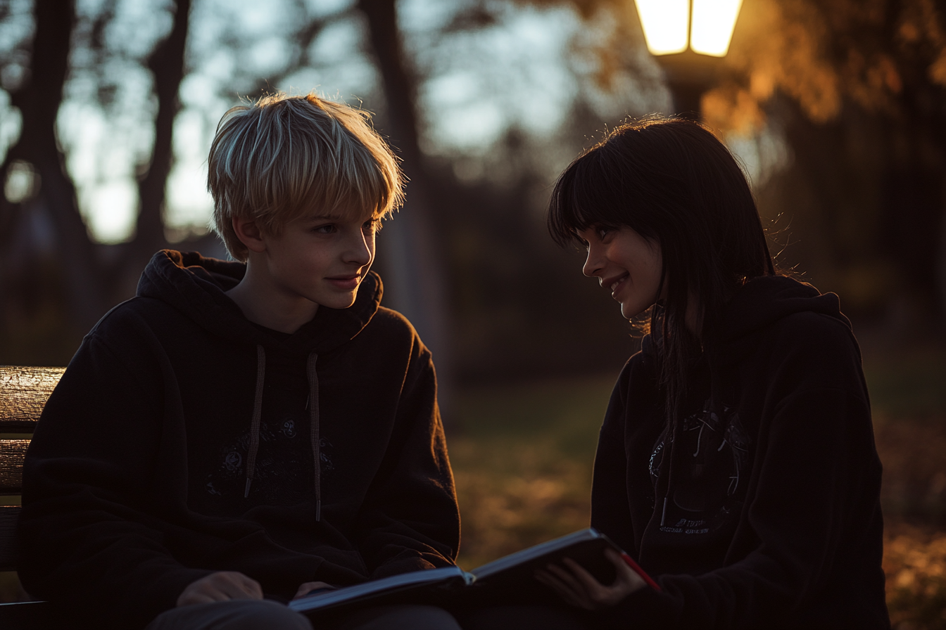 Un adolescent blond et une adolescente assis sur un banc dans un parc la nuit | Source : Midjourney