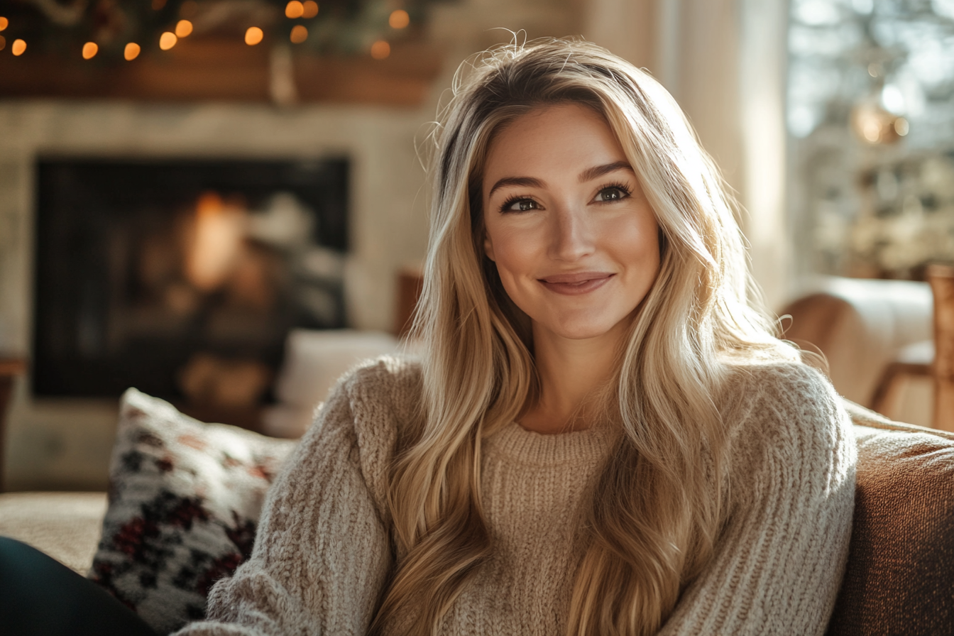 Une femme souriant sur un canapé | Source : Midjourney