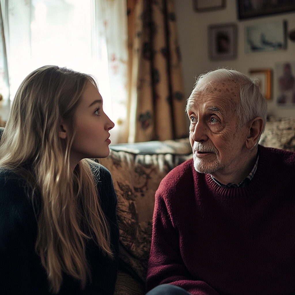 Une femme choquée parle à un homme âgé | Source : Midjourney