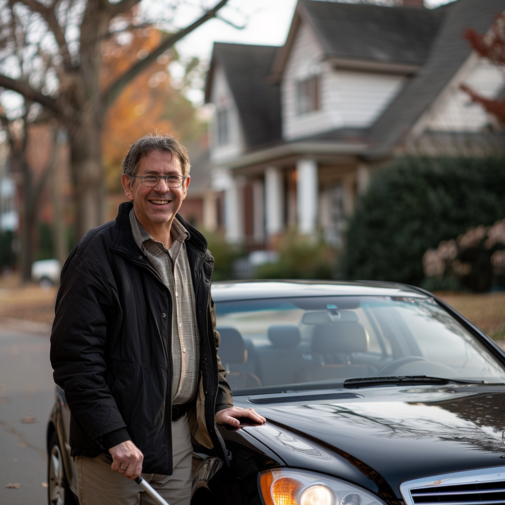 Un homme heureux avec une canne à côté de sa voiture dans un quartier | Source : Midjourney