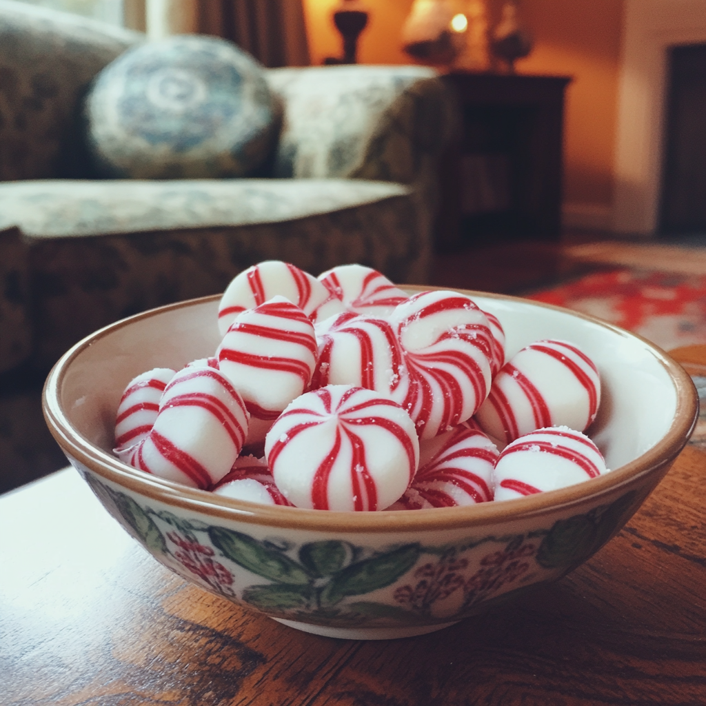 Un bol de bonbons à la menthe sur une table | Source : Midjourney