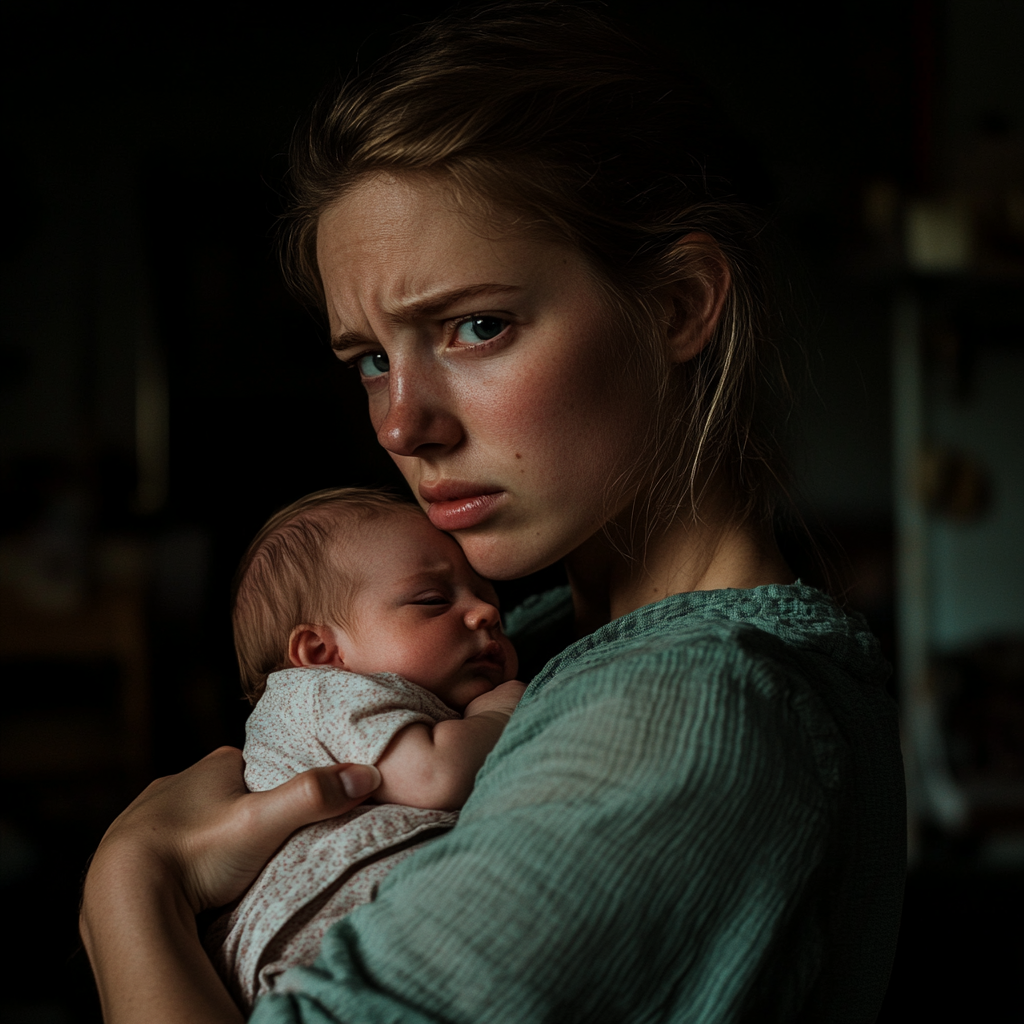 Une jeune femme en colère et blessée tenant un bébé | Source : Midjourney