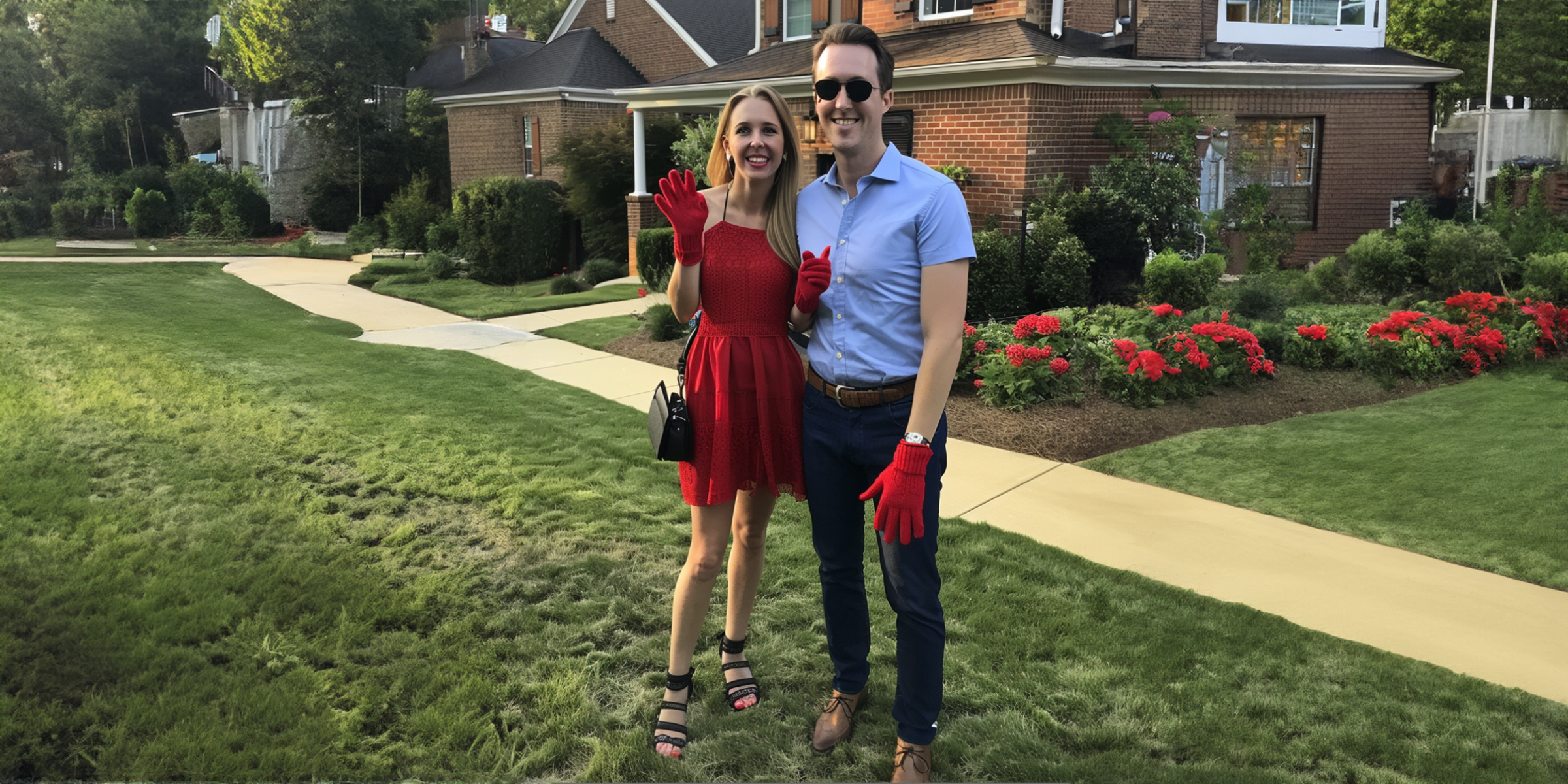 Un couple portant des gants rouges se tient devant une maison | Source : AmoMama