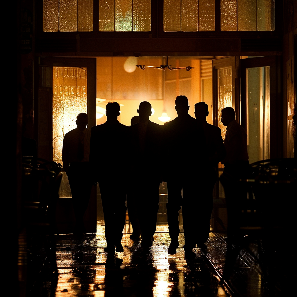 A group of men enter an elite restaurant | Source: Midjourney