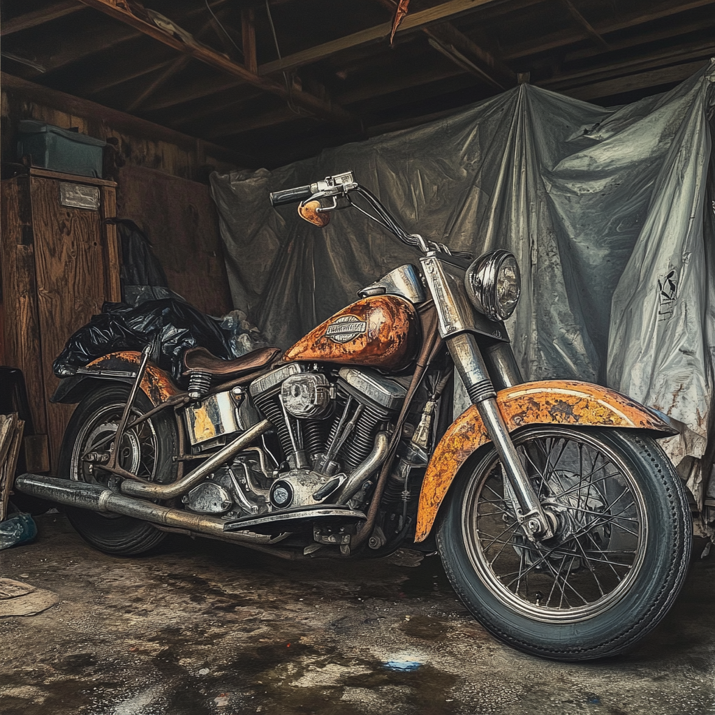 Une vieille moto Harley dans un garage | Source : Midjourney