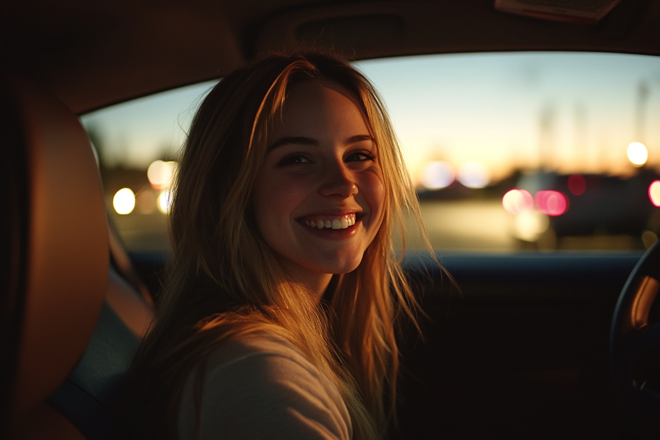 Une femme sourit alors qu'elle est assise dans sa voiture | Source : Midjourney