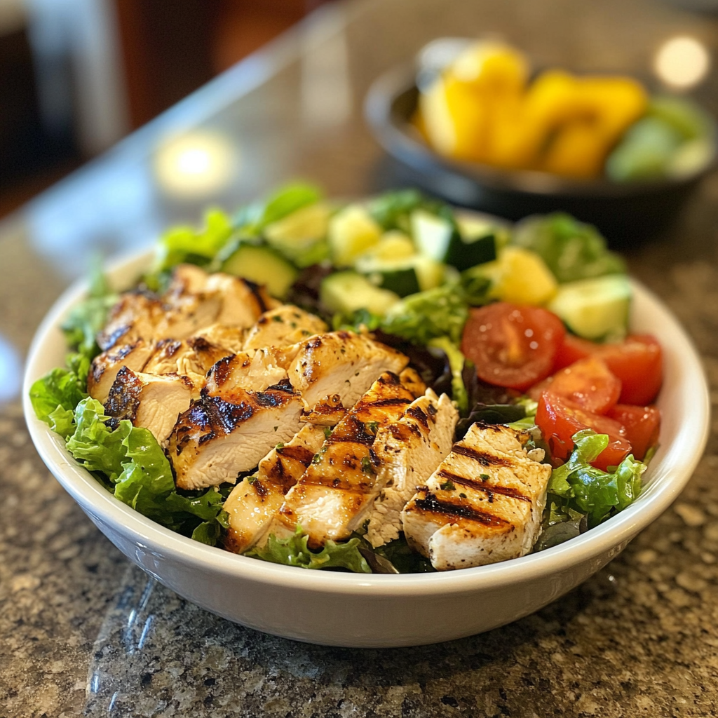 Une salade avec du poulet grillé | Source : Midjourney