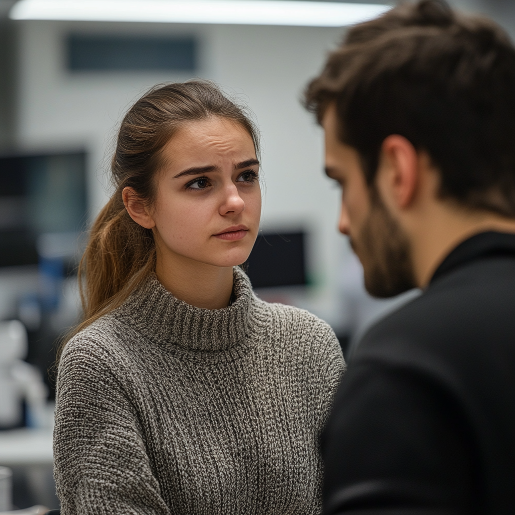 Une femme triste et sérieuse qui parle à un technicien de laboratoire | Source : Midjourney