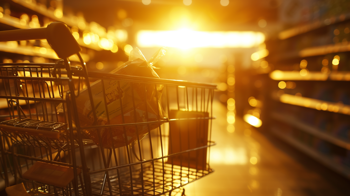 Un caddie dans une allée d'épicerie éclairée par le soleil | Source : Midjourney