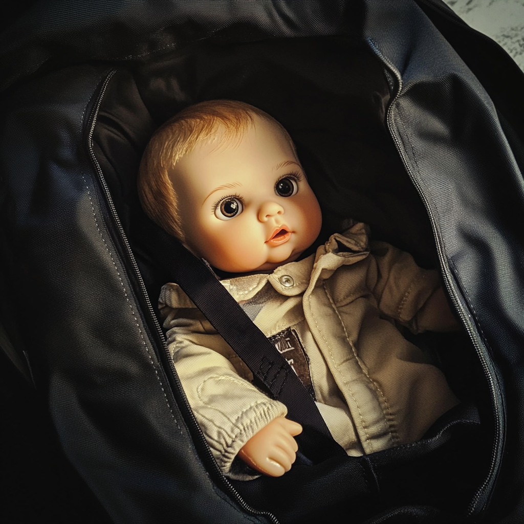 Poupée bébé à l'intérieur d'un sac noir | Source : Midjourney