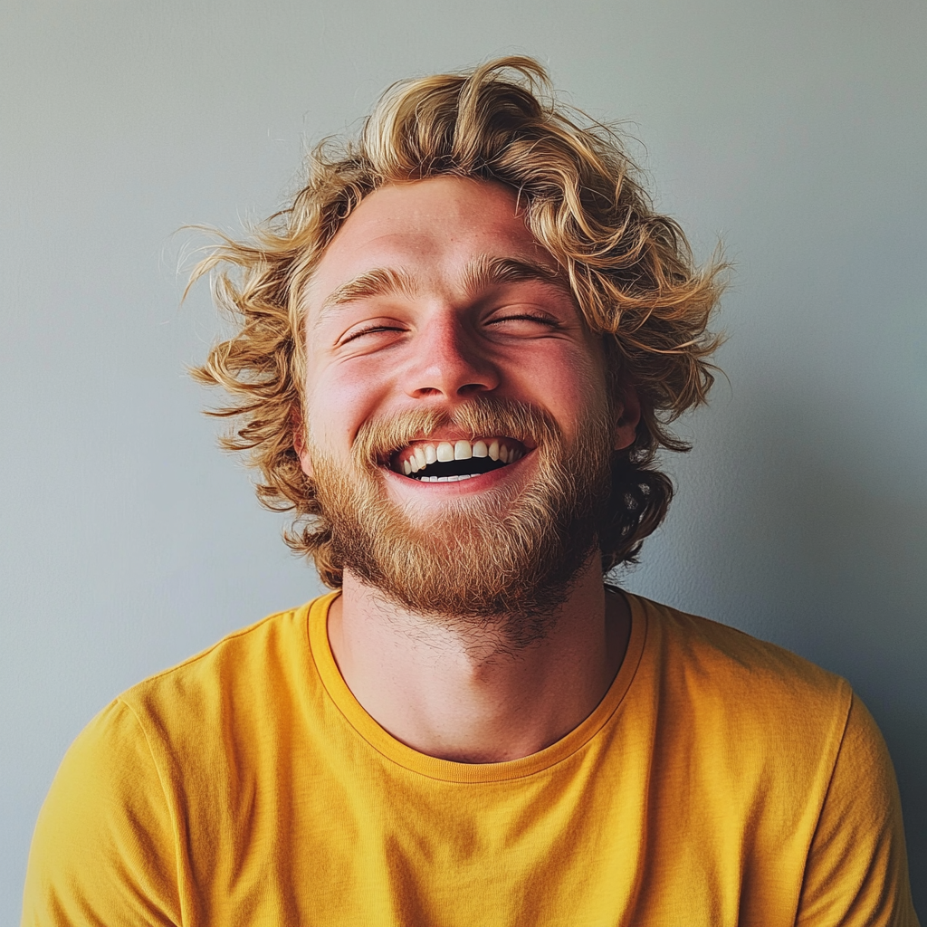 Un homme rieur portant un t-shirt jaune | Source : Midjourney