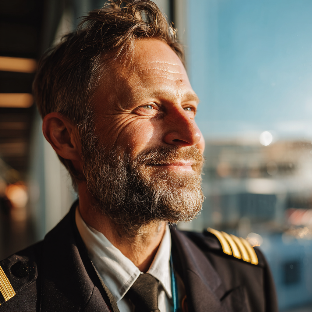 Un homme souriant debout dans un aéroport | Source : Midjourney