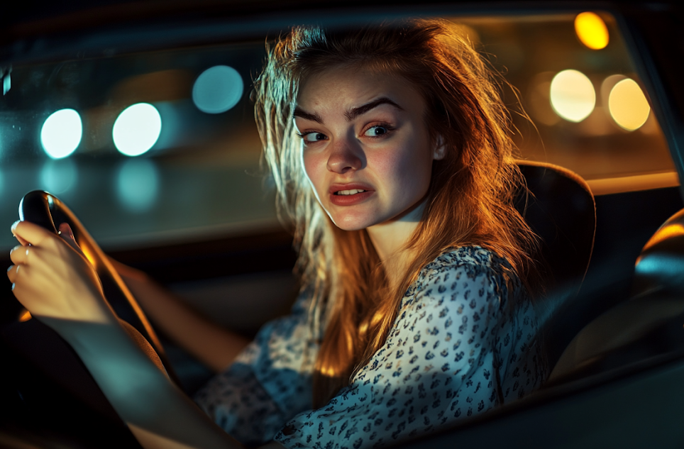 Une femme anxieuse assise dans une voiture | Source : Midjourney